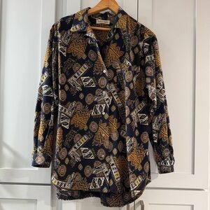 Frank Stella Vintage Shirt‎ 70s Tapestry Print Flowy Loose Fit Navy Mustard